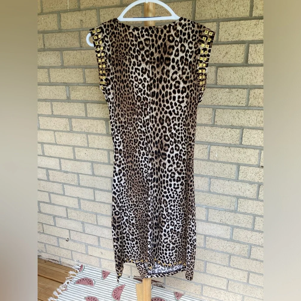 Michael Kors Side Slit Gold Studded Leopard Print Dress Side Ruched Dress